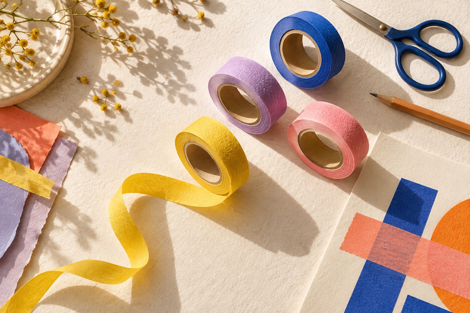 Creative studio inspiration with colorful paper tape, scissors, and a handmade paper collage